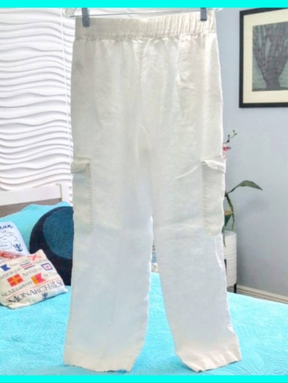 C&C California White 100 % Linen Baggy Wide Leg Cargo Pants Pull-on Med Pockets